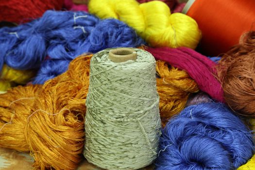 Colorful raw silk thread in the silk farm