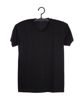 black t-shirt template on hanger (front side) isolated on white background