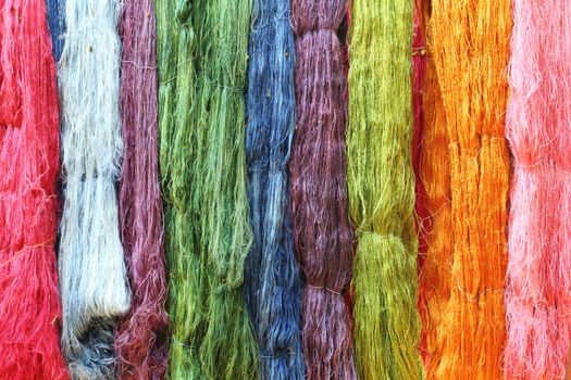 Colorful raw silk thread in the silk farm