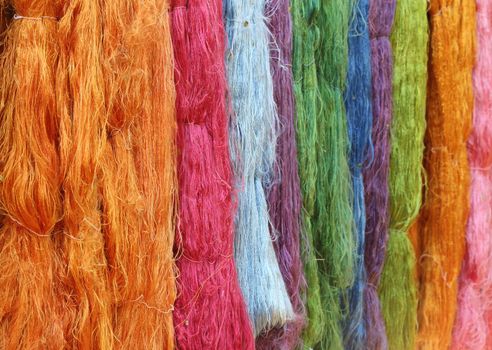 Colorful raw silk thread in the silk farm