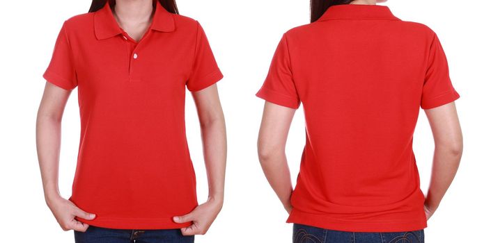 set of blank polo shirt (front, back) on woman isolated on white background
