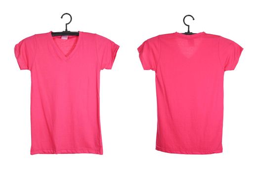 pink t-shirt template on hange isolated on white background 