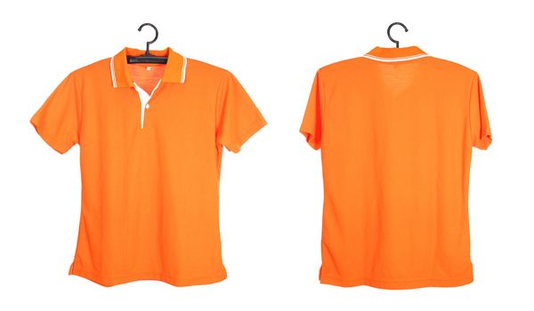 orange polo shirt template on hange isolated on white background