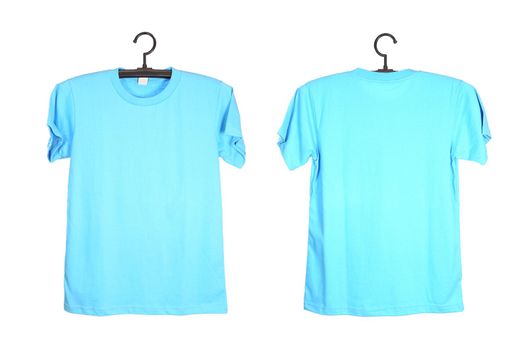 blue t-shirt template on hanger isolated on white background