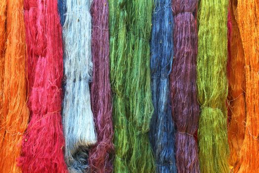 Colorful raw silk thread in the silk farm