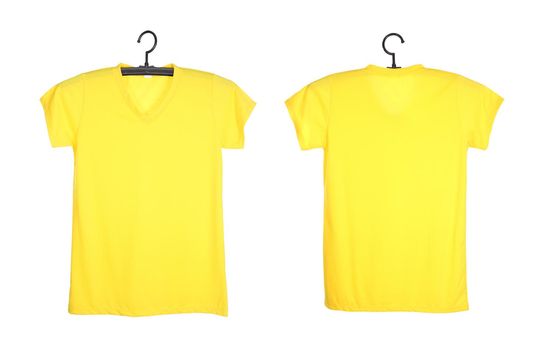yellow t-shirt template on hange isolated on white background 
