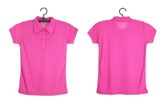 pink polo shirt template on hange isolated on white background