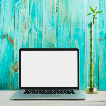 laptop with blank white screen wooden desk