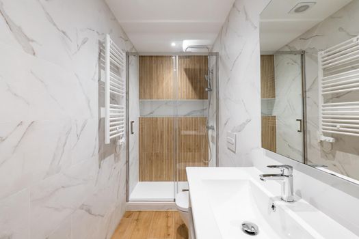 Interior of modern refurbished bathroom with shower and wooden finishing.