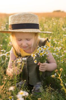 A little blonde girl in a straw hat walks in a field with a bouquet of daisies. The concept of walking in nature, freedom and an eco-friendly lifestyle.
