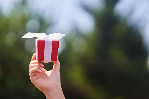 Woman holding small red present box in hands. High-quality photo