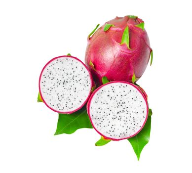 The Dragon fruit with green leaf isolated on white background.