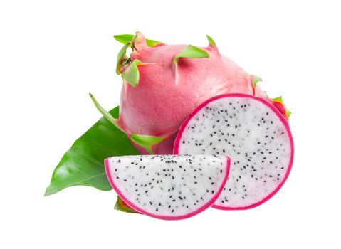 The Dragon fruit with green leaf isolated on white background.