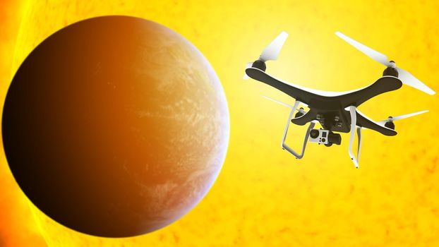Drone with digital camera flying in front of the sun: 3D rendering