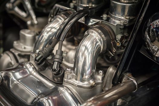 Close up of a chrome motorcycle engine