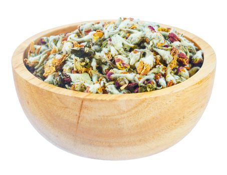 The Flower tea. Dried of apple blossom in wooden bowl isolated on white background, Save clipping path.