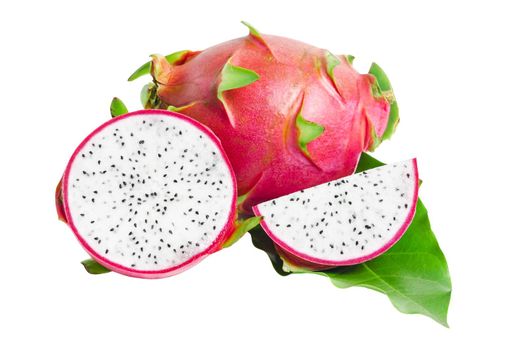 The Dragon fruit with green leaf isolated on white background.