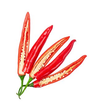 Red chili peppers sliced and isolated on white background. Save clipping path.