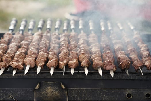 Shish kebab on skewers is fried on the grill. Close-up. High quality photo