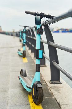 Electric scooters for rent, docked on the embankment. High-quality photo