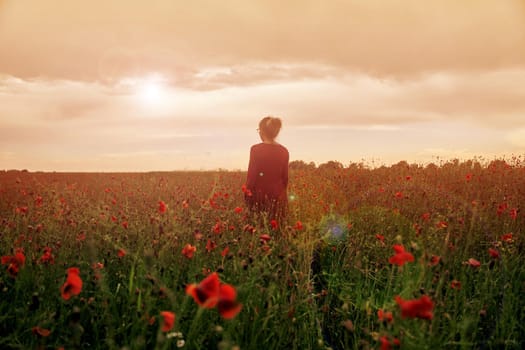 The girl stands with his back in a poppy field. Meadow with beautiful bright red poppy flowers in spring. High-quality photo