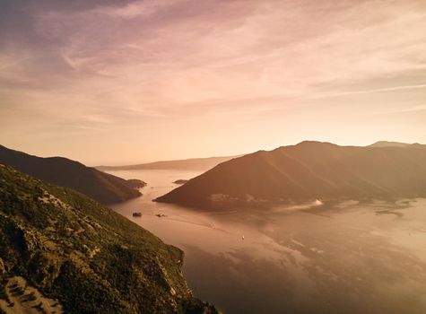 Montenegro. Sunset in the Bay of Kotor. The view from the top. Adriatic sea. Photography on drone.