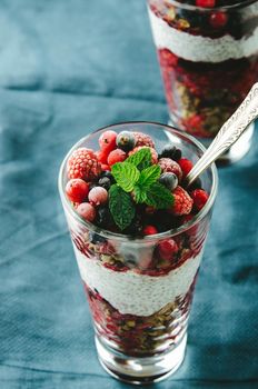 healthy breakfast with chia, yogurt and fruit. High quality photo