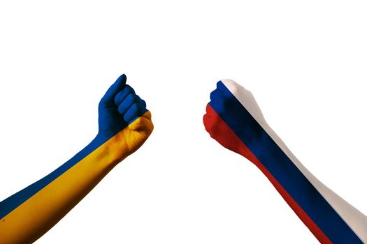 Fist fight flags of Ukraine and russia on white background. Putin invasion