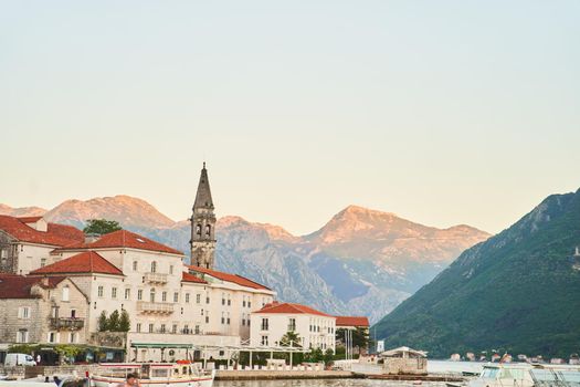 Historic city of Perast in the Bay of Kotor in summer at sunset. High quality photo