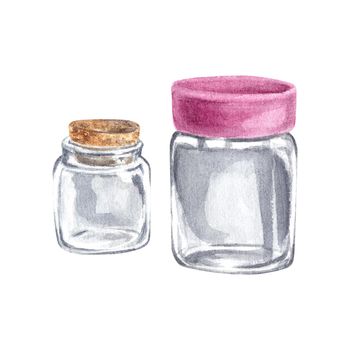 A glass jar with a lid on a white background. Watercolor empty glass jar. Transparent jar for Provencal herbs: basil, cumin, rosemary, marjoram. The illustration is suitable for design