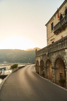 Historic city of Perast in the Bay of Kotor in summer at sunset. High quality photo