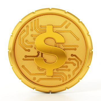 Gold coin with dollar sign and PCB texture. 3D illustration.