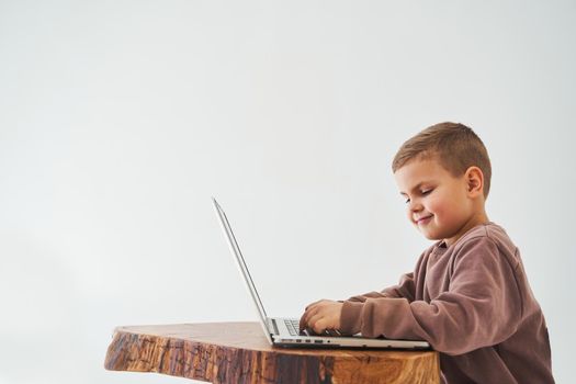 Handsome kid sitting at table, using laptop and looking at camera, watching virtual lecture and tutorial. E-learning and knowledge