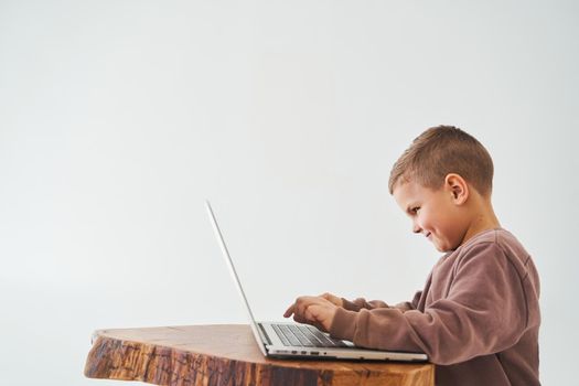 Handsome kid sitting at table, using laptop and looking at camera, watching virtual lecture and tutorial. E-learning and knowledge