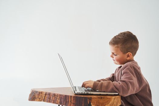 Handsome kid sitting at table, using laptop and looking at camera, watching virtual lecture and tutorial. E-learning and knowledge