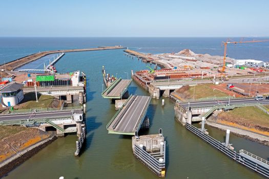 Aerial from a rotating bridge at the Afsluitdijk in the Netherlands