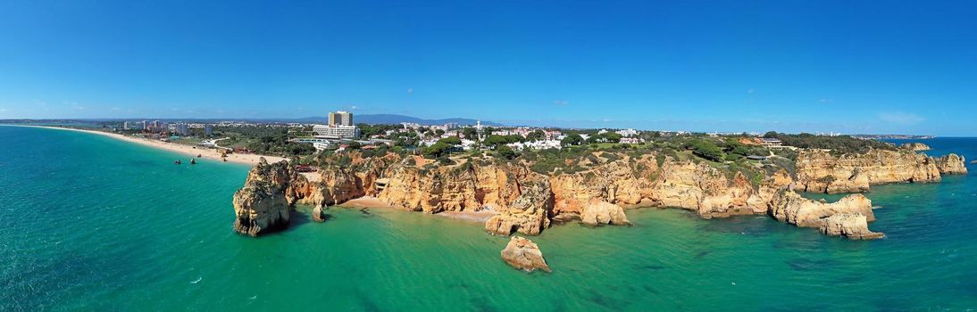 Aerial panorama from Praia Tres Irmaos in Alvor the Algarve Portugal