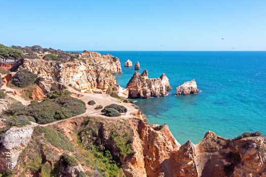 Aerial from Praia Tres Irmaos in Alvor the Algarve in Portugal