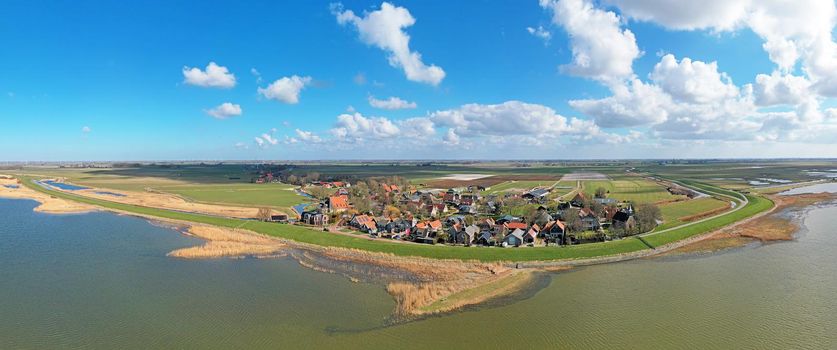 Aerial panorama from the village Gaast at the IJsselmeer in the Netherlands