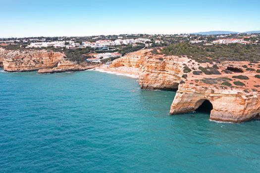 Aerial from the rocky south coast at Benagil in the Algarve Portugal