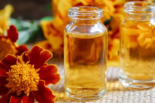 tincture of flowers of Chernobrivtsov in a small jar. selective focus.medical