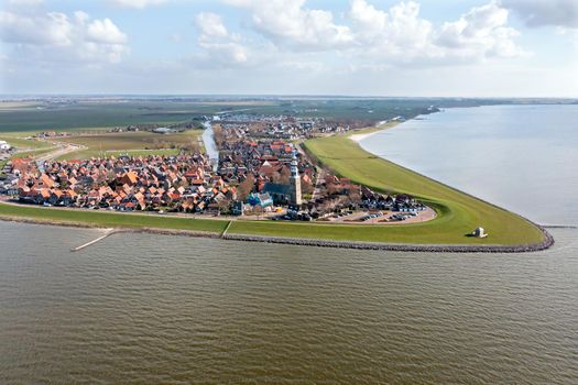 Aerial from the traditional village Hindeloopen at the IJsselmeer in the Netherlands