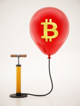 Manual hand pump connected to the inflated red balloon with Bitcoin icon. 3D illustration.