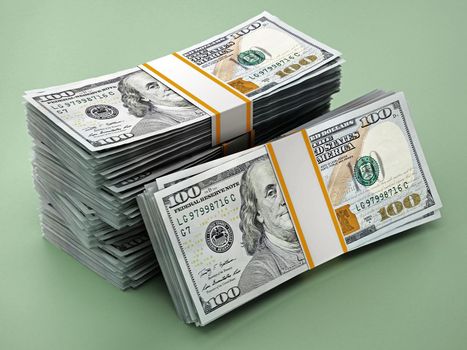 Stack of 100 dollar bills on green background. 3D illustration.