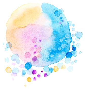 Abstract watercolor gradient blue, purple and yellow drops background