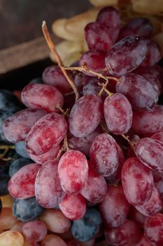 Grapes in a wooden box on a dark background