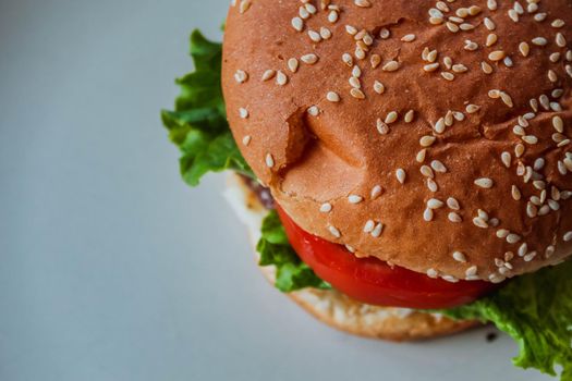 Homemade cheeseburger on white background with space, side view. Close-up burger.