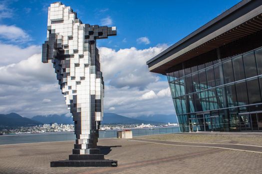 Vancouver, British Columbia, Canada September 2, 2020 . The aluminium sculpture Digital Orca of a Orca whale by the artist Douglas Coupland, installed next to Convention Centre in Vancouver.