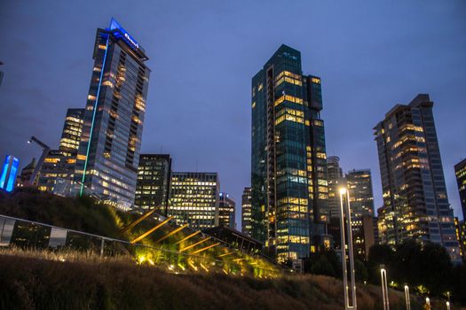 Cityscape Night. Evening illumination in downtown in Vancouver, Canada.