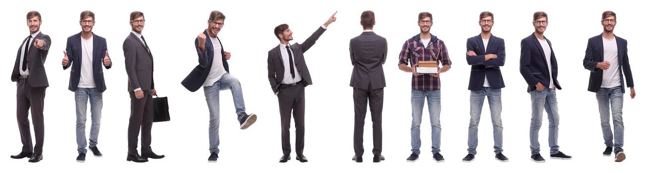 panoramic collage of self-motivated young man .isolated on white background